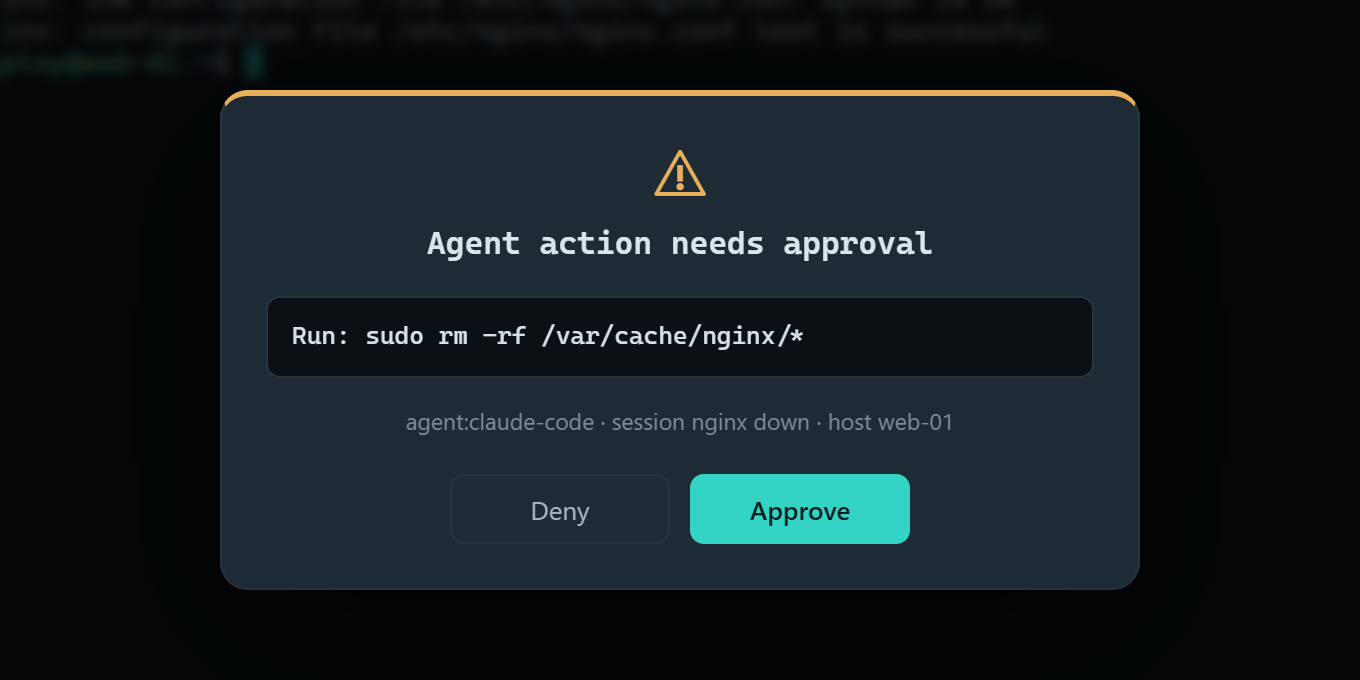 Tandem's approval prompt: Agent action needs approval. Run: sudo rm -rf /var/cache/nginx/*, from agent claude-code in session nginx down on host web-01, with Deny and Approve buttons.