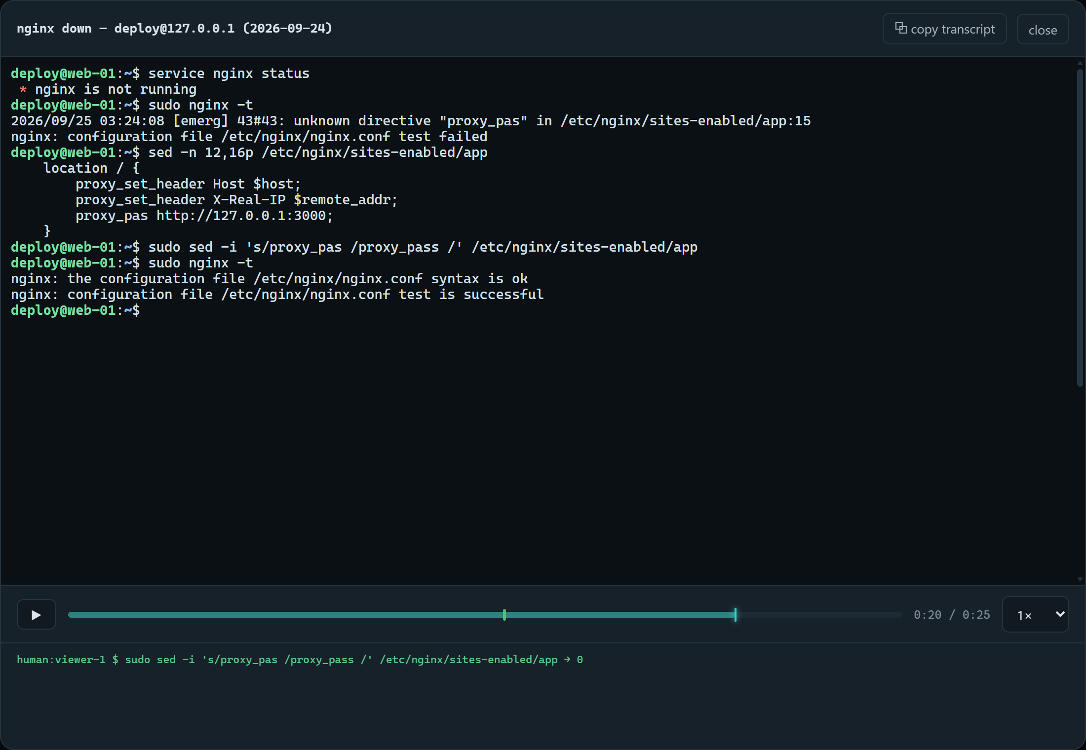 The replay window for the nginx down session, paused part-way through with the terminal output up to that point and a timeline below it.