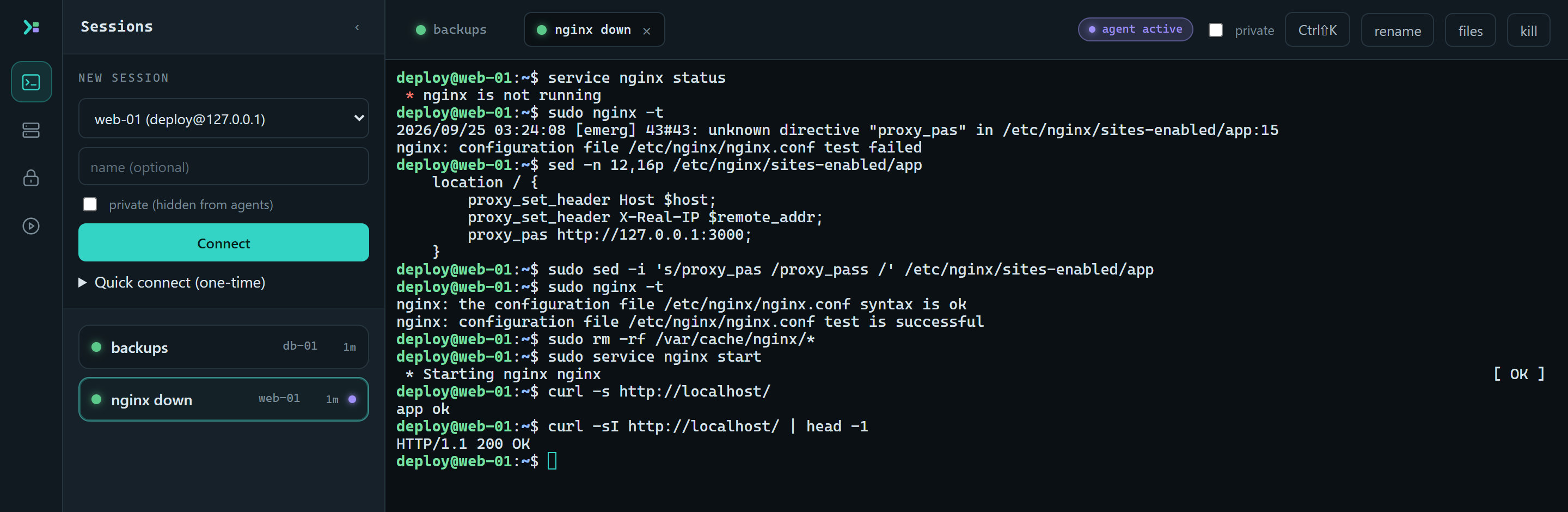 The Tandem viewer with two sessions open. In the nginx down session on web-01, Claude Code has checked nginx's status and config, a person has fixed a typo in the config, and Claude Code has cleared the cache, started nginx and confirmed it responds.